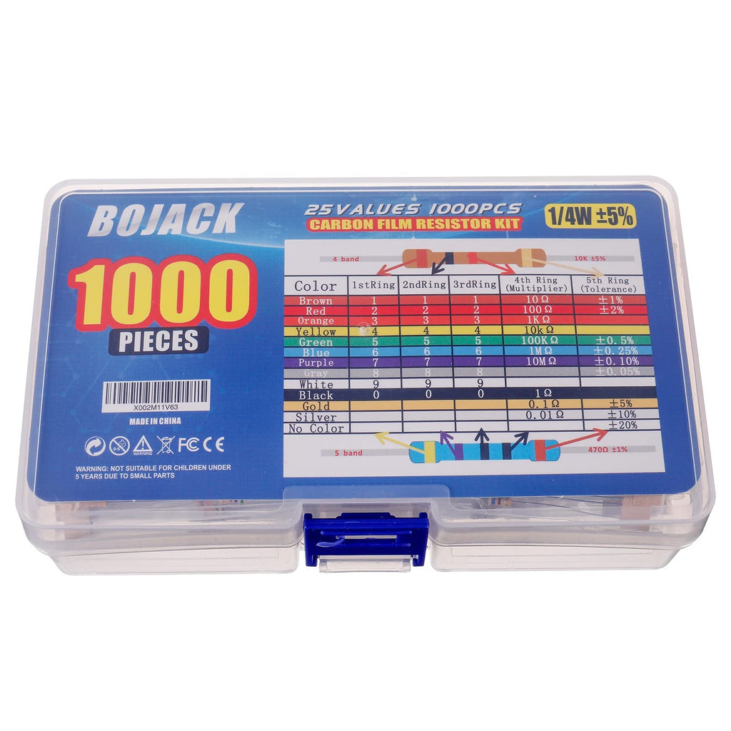 BOJACK 1000 Pcs 25 Values Resistor Kit 1 Ohm-1M Ohm with 5% 1/4W Carbon Film Resistors Assortment