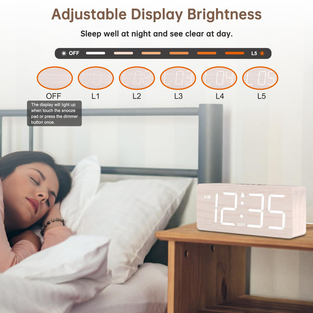 DreamSky Wooden Digital Alarm Clock for Bedroom with Large Numbers
