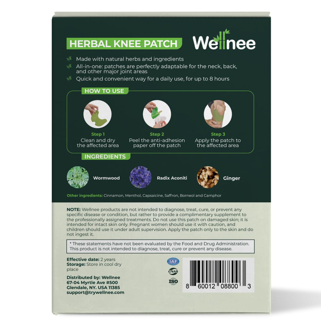 Wellnee Original Herbal Knee Patch - Wellknee Plaster for Knee Support & Muscle Pain - Maximum Strength for a Temporary Relief - Adhesive Heat Patches Made with Natural Herbs for Wellness (30 Pads)