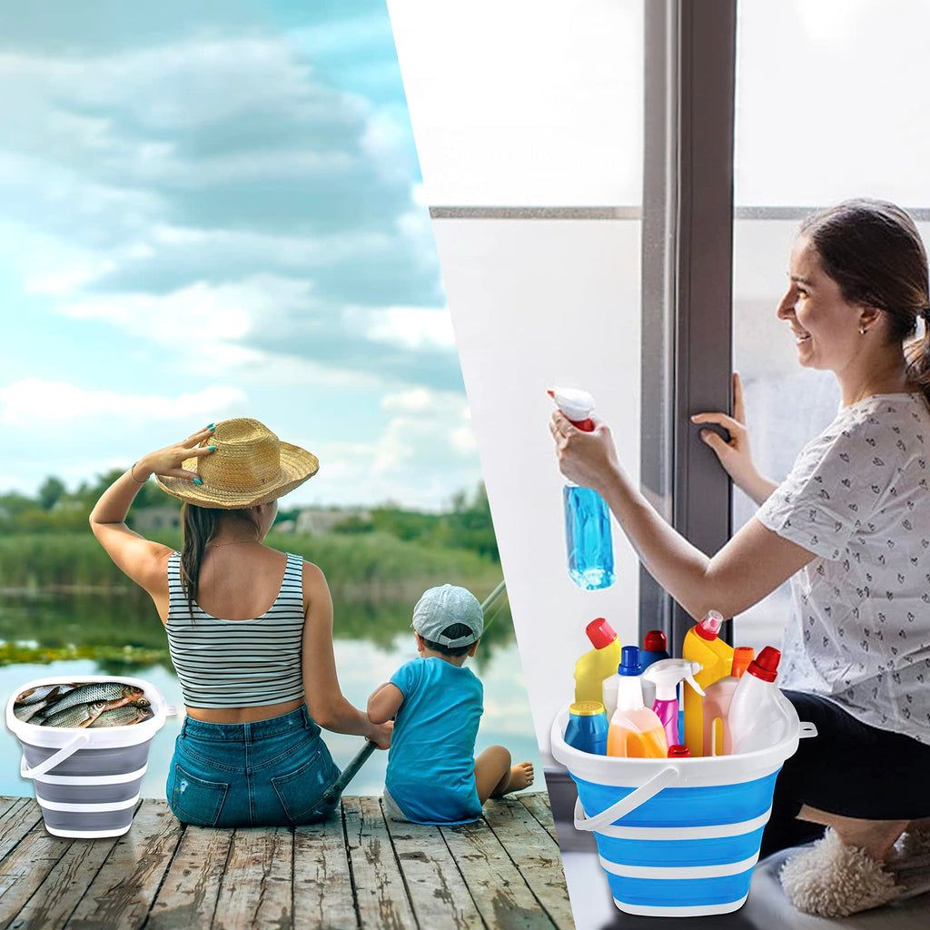 2 Pack Collapsible Buckets 10L 2.6 Gallon Cleaning Bucket Mop Bucket Folding Foldable Portable Small Plastic Water Supplies for Outdoor Garden Camping Fishing Car Wash Space Saving Square Grey Blue
