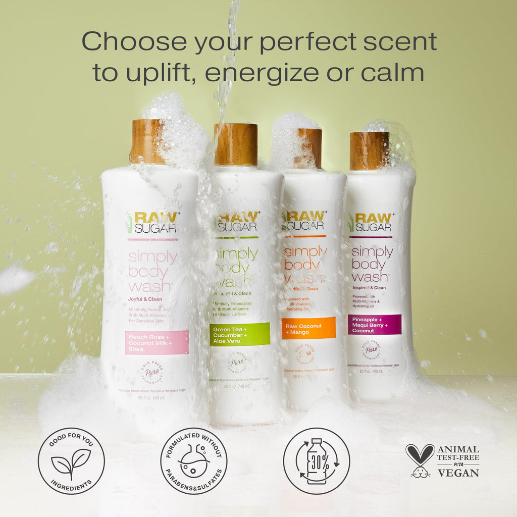 RAW SUGAR Green Tea Aloe Soother Gentle & Hydrating Body Wash, 20 Fl Oz (Pack of 3), Gentle & Soothing Bath & Shower Gel, Sensitive Skin-Friendly, Vegan, Formulated without SLS/SLES & Parabens