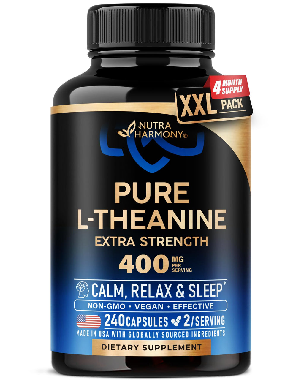 L Theanine 400 mg | L-Theanine Stress Relief | Extra Strength Supplement | Made in USA | Relaxation, Sleep & Calm Support | For Men & Women | Plant Based, Non-GMO & Gluten-Free | 240 Vegan Capsules