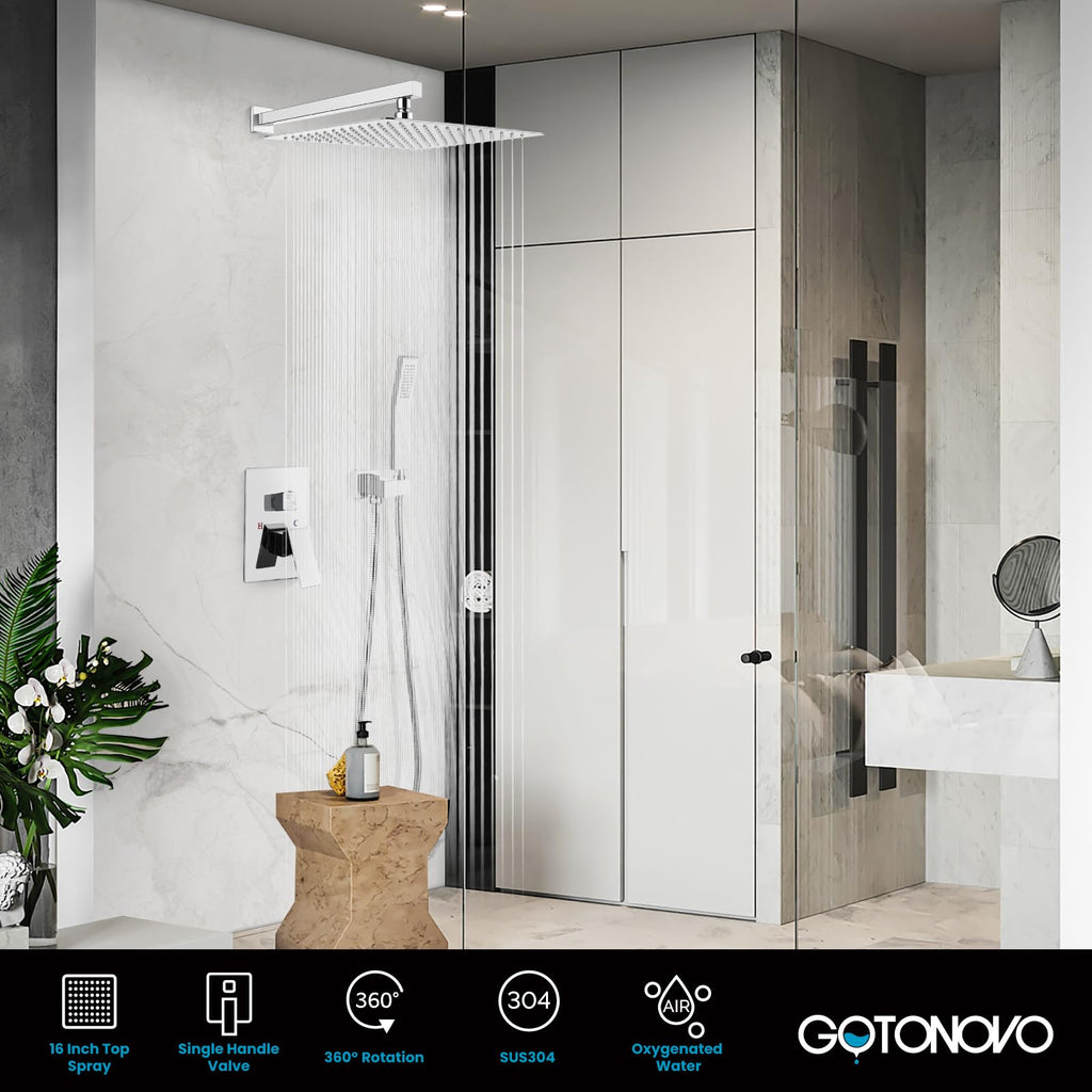 gotonovo Rainfall Bathroom Shower System Rain Shower Head and Handle Set Wall Mounted Shower Complete Combo Solid Brass Pressure Balancing Shower Mixer Valve 16 Inch Polished Chrome