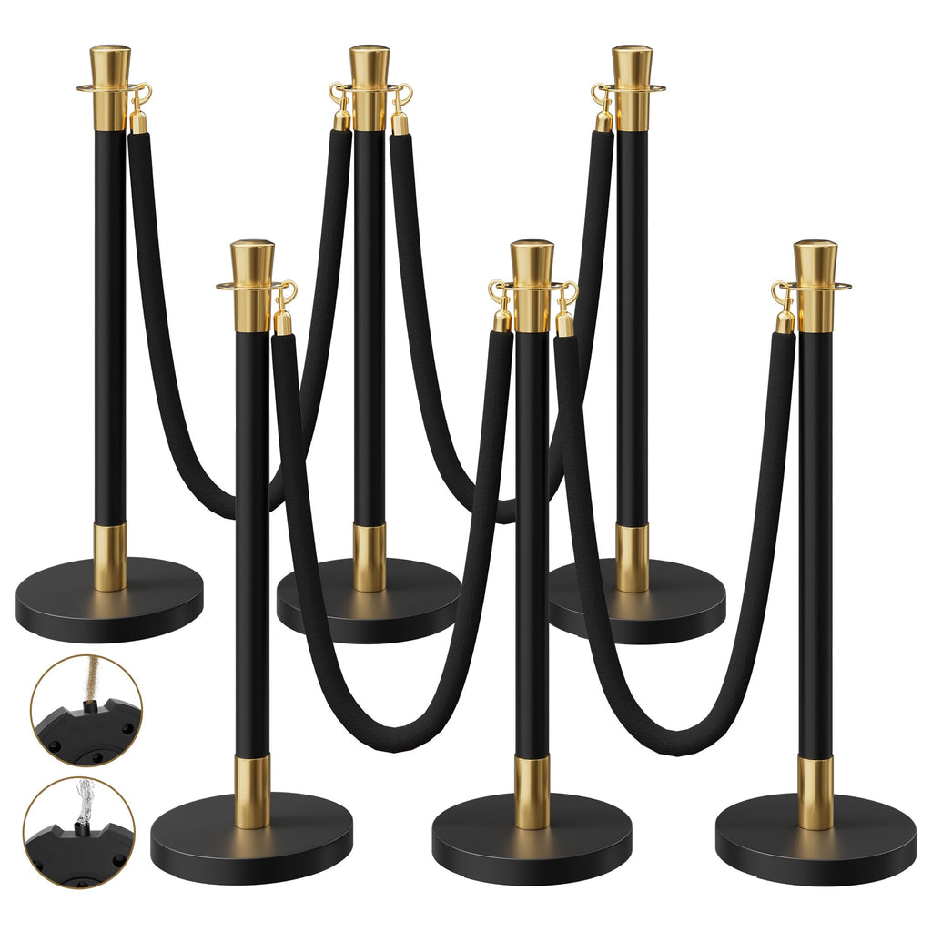 6 Pack Black&Gold Stanchions and Velvet Ropes Set, Stainless Steel Crowd Control Barriers, 4Pcs Black Ropes and Poles for Party Supplies,Photobooth Accessories, Prom,Birthday,Business,Wedding, Museums