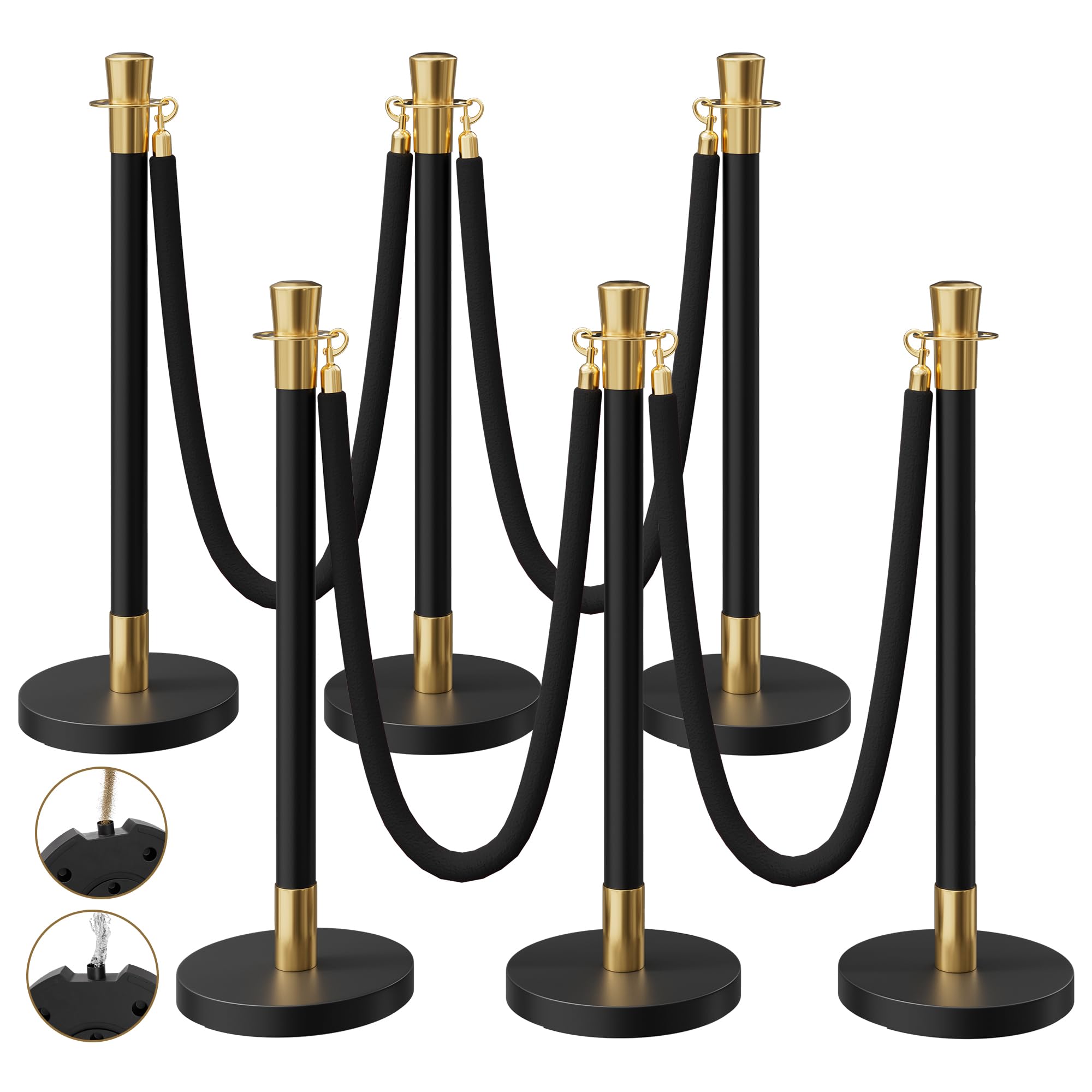 6 Pack Black&Gold Stanchions and Velvet Ropes Set, Stainless Steel Crowd Control Barriers, 4Pcs Black Ropes and Poles for Party Supplies,Photobooth Accessories, Prom,Birthday,Business,Wedding, Museums