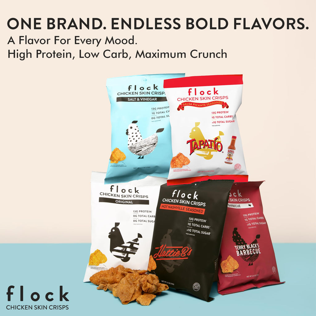 Flock Keto Chicken Skin Chips | Hattie Bs Nashville Hot Flavor | Keto Friendly, Low Carb, High Protein, Flavor Packed, Gluten Free Single Serve Snack | (2.5oz) 4-Pack