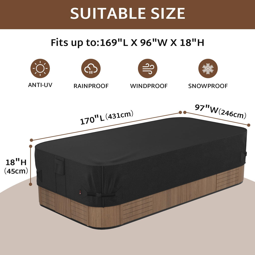 iBirdie Outdoor Waterproof Hot Tub Swim SPA Cover 170 x 97 inch fit 8 x 14 ft, 168 x 96, 164 x 92, 166 x 90, 600D Heavy Duty Weatherproof Rectangle Protectors Protective Rectangular Cover Cap