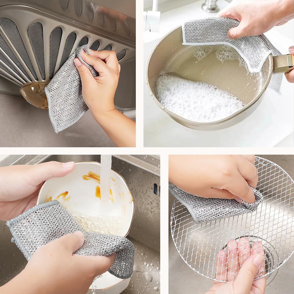 GLOCALL Multipurpose Wire Dishwashing Rags for Wet and Dry, 2024 New Non-Scratch Wire Dishcloth Scrubbing Wire Dishwashing Rag, Reusable Metal Wire Dishwashing Cloth for Home Kitchen Cooktop (10)