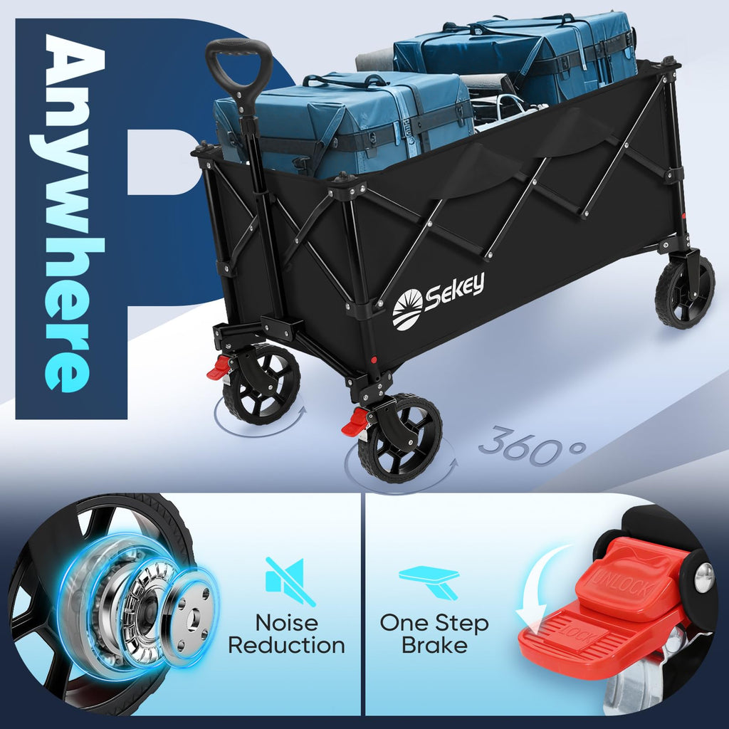 Sekey Collapsible Foldable Wagon with 300lbs Weight Capacity, Heavy Duty Folding Wagon Cart with Big All-Terrain Wheels.Black