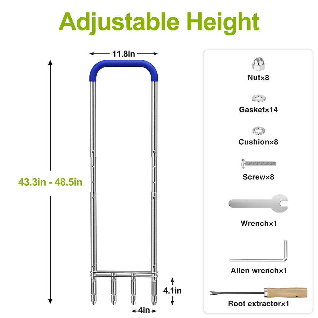 Knee-Friendly Manual Lawn Aerator Tool –Adjustable SUS304 Stainless Steel Core Aerator for Grass, Yard Aeration Tool with 4 Hollow Tines for Lawn Care and Compacted Soil,43.3"-48.5",Silver