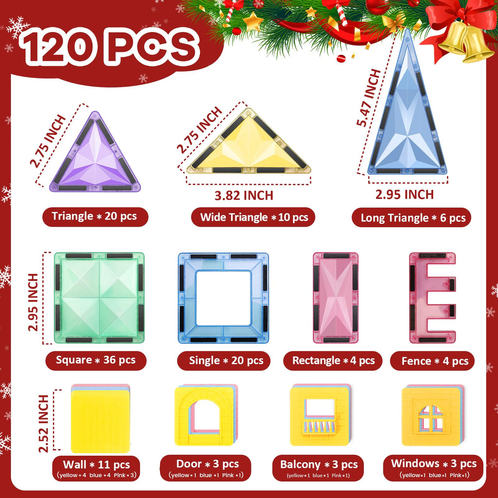 ROMDS Magnetic Tiles, Magnetic Building Blocks for Kids Ages 3+ and STEM Magnet Toys, Clear Magnet 3D Blocks Construction Playboards for Boys & Girls, Sensory Play for Preschool Learning(120 pcs)