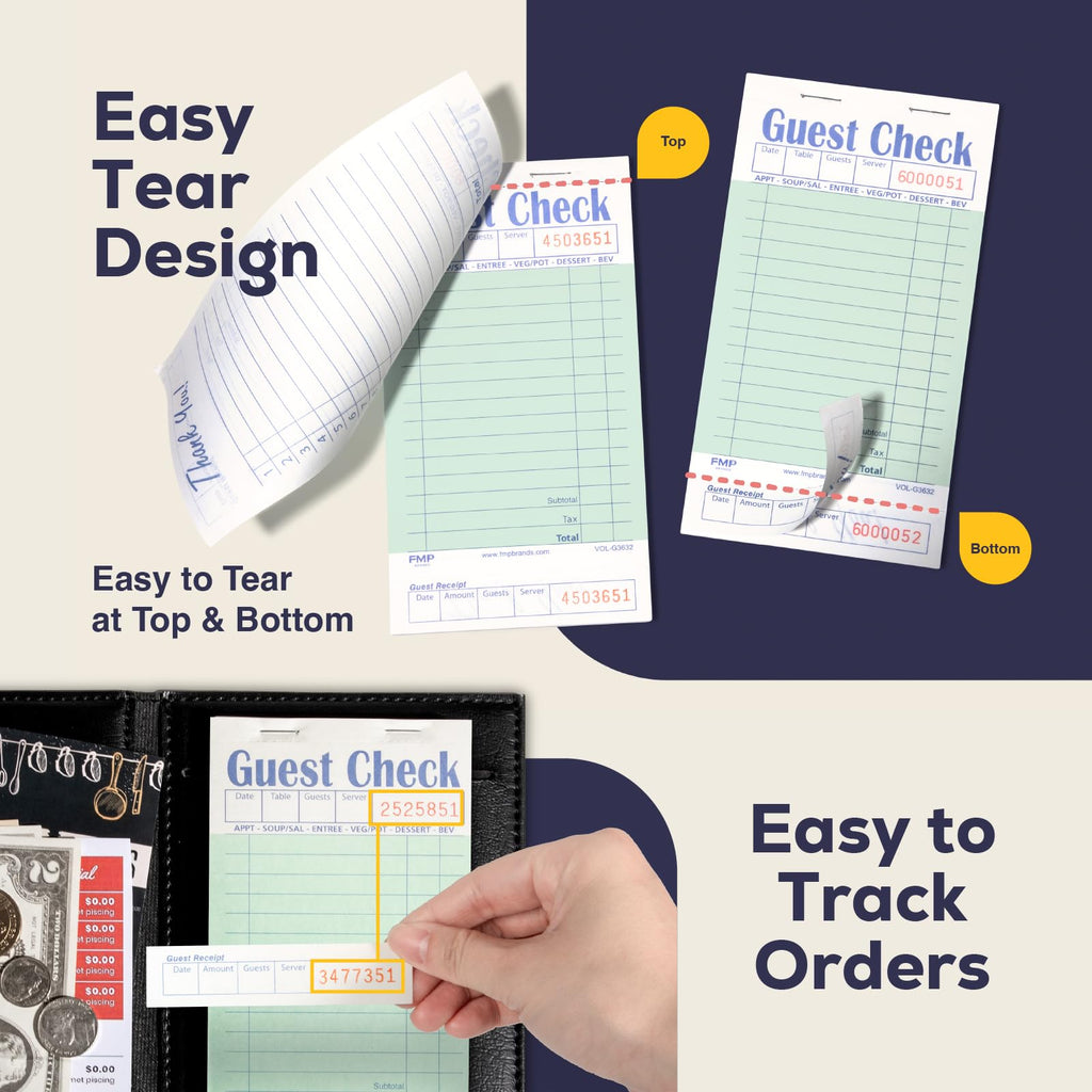 FMP Brands Guest Checks Pads 6 Pack 300 Orders, Server Note Pads, Light Green Guest Check for Servers, Waitress Notepad, Restaurant Order Pads Paper 50 Sheets/Book, Server Accessories
