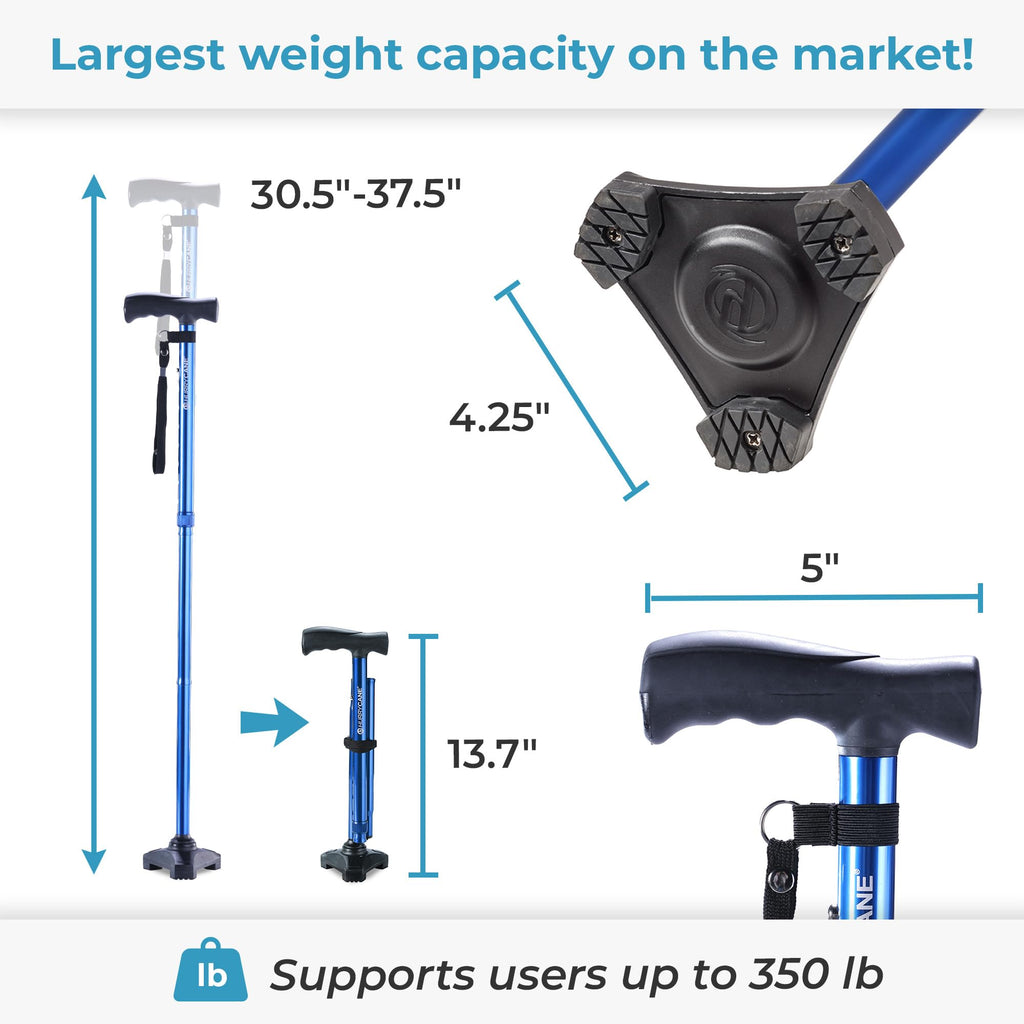 HurryCane Freedom Edition Foldable Walking Cane With T Handle - Enhanced Mobility Support - Patented SteadiGrip Base - Adjustable Height - Lightweight Foldable Design - Blue