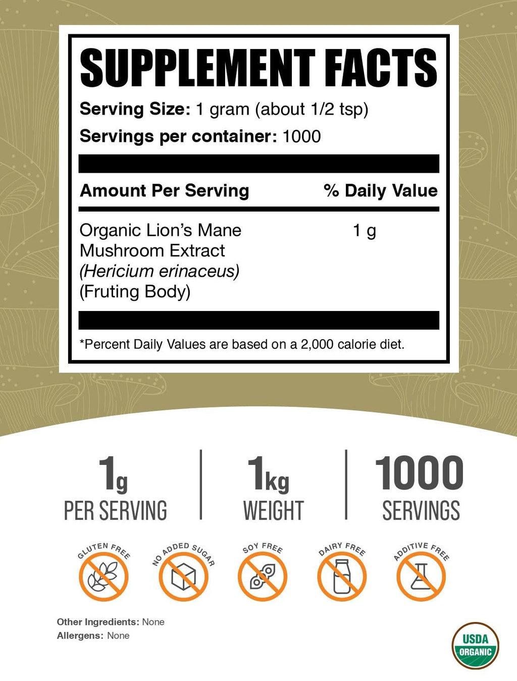 BulkSupplements.com Organic Lion's Mane Mushroom Extract Powder - Lions Mane Supplement Powder, Superfood for Well-Being - Vegan, 1g per Serving, 1kg (2.2 lbs) (Pack of 1)