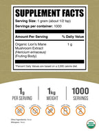 BulkSupplements.com Organic Lion's Mane Mushroom Extract Powder - Lions Mane Supplement Powder, Superfood for Well-Being - Vegan, 1g per Serving, 1kg (2.2 lbs) (Pack of 1)
