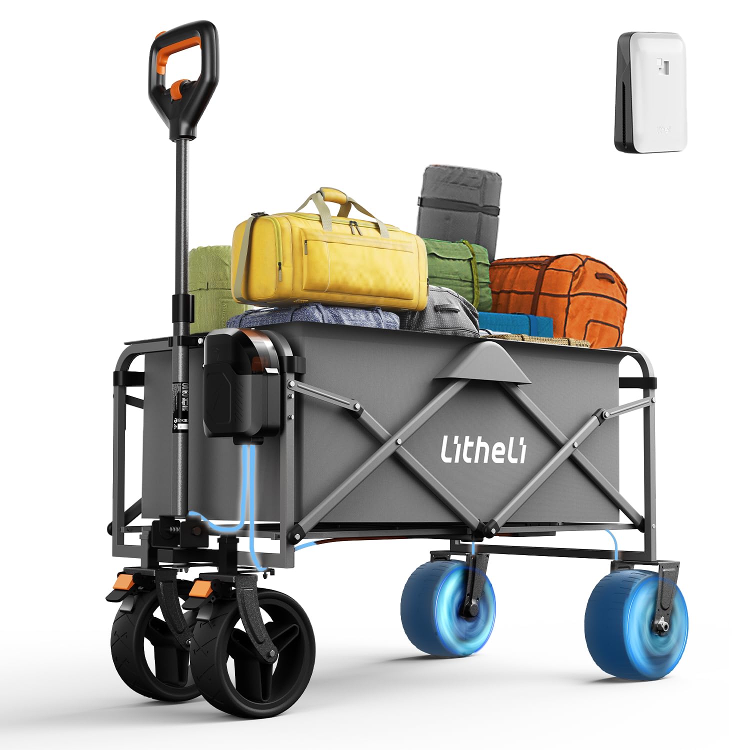Litheli Electric Collapsible Wagon Cart with Brakes, 100L Grocery Cart with Wheels,Easy to Carry Folding Wagon for Camping, Gardening, Shopping