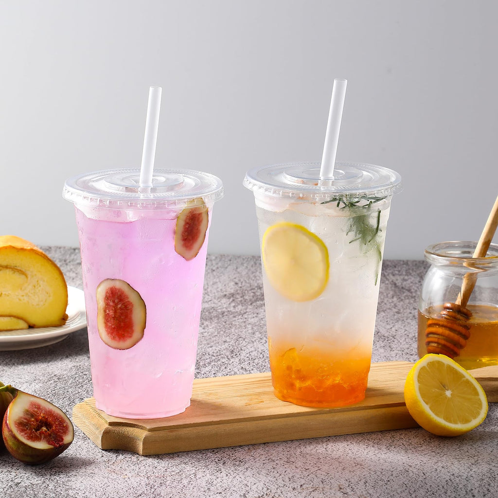 AOZITA 100 Pack - 24 oz Clear Plastic Cups with Lids and Straws, Sturdy & Food Safe Iced Coffee Cups with lids, Disposable Iced Coffee Cups for Cold Drinks