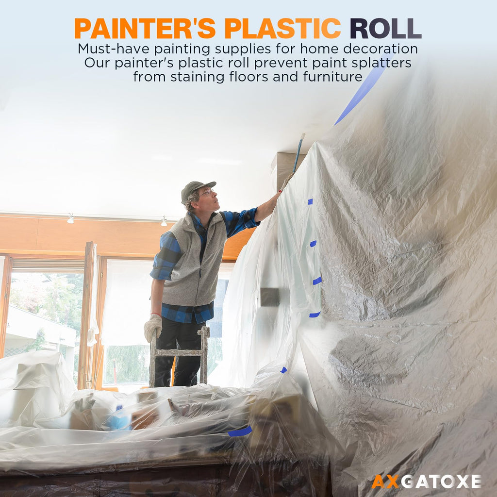 Plastic Drop Cloths, 400' Length x 9' Width Painter's Plastic Film with 4 Rolls Painter's Tape - Disposable Painter's Sheeting & Tarps for Painting, Waterproof Furniture/Couch/Floor Protection