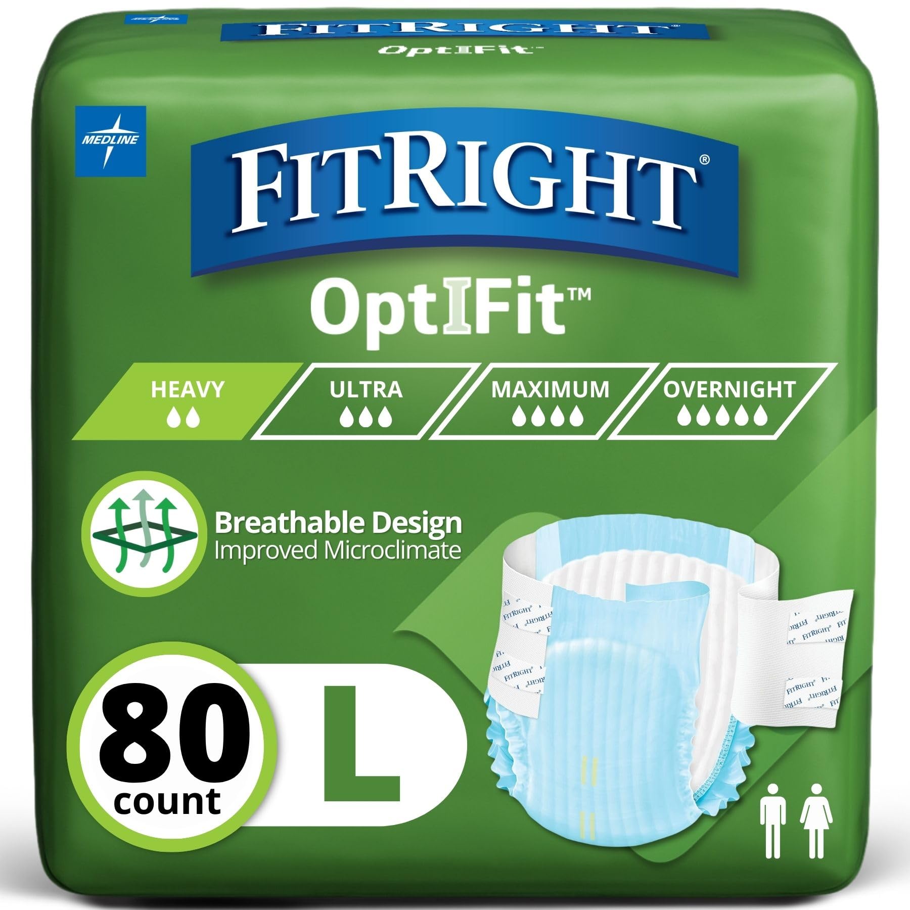 FitRight OptiFit Extra Adult Briefs, Incontinence Diapers with Tabs, Moderate Absorbency, Large, 44 to 56", 80 Count
