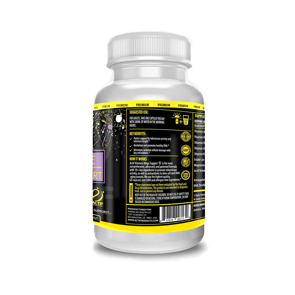 ACTIF Telomere Mega Support with 10+ Factors, Non-GMO, Telomerase and DNA Supplement for Energy, Memory and Anti-Aging, Made in USA, 60 Count