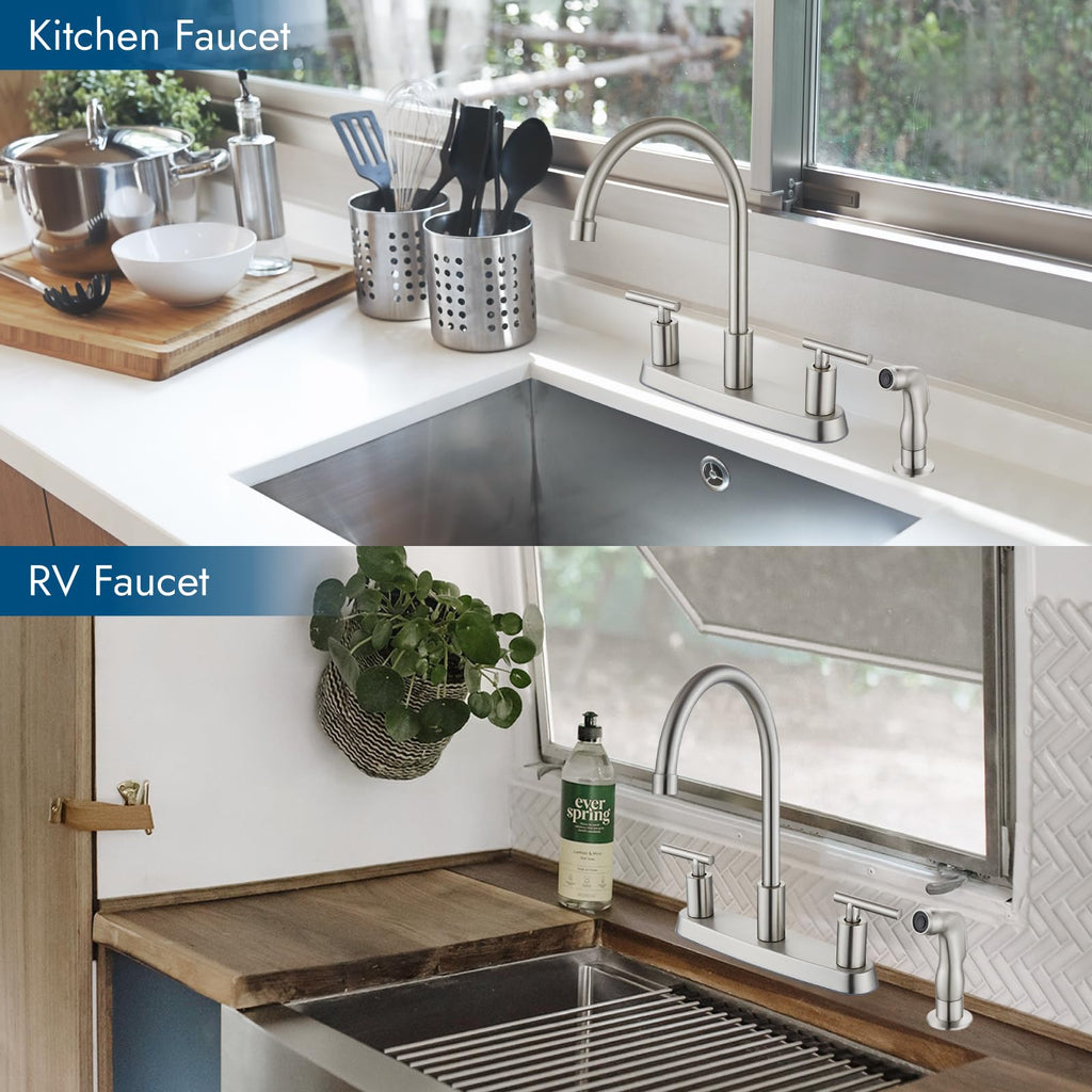Cinwiny Kitchen Faucets, High Arc 360°Rotating Spout Kitchen Sink Faucet, 2 Handle 8 Inch Centerset RV Kitchen Faucet with Supply Lines, 3 or 4 Hole Kitchen Faucet with Side Sprayer, Brushed Nickel