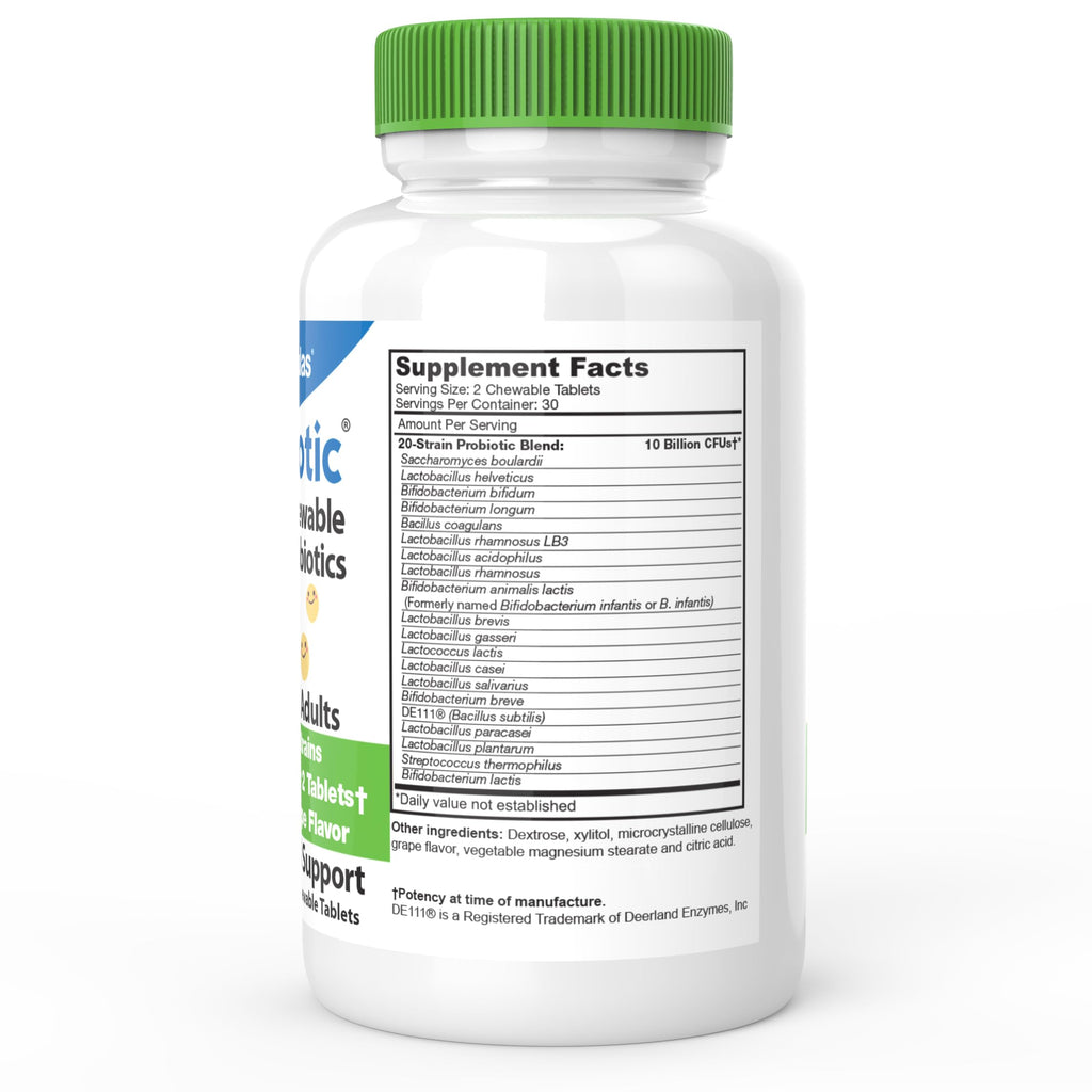 DrFormulas Chewable Probiotics for Kids & Adults | for Oral Dental Health, Bad Breath, & Better Digestion 20 Multi Strain - S boulardii, Lactobacillus plantarum and Bifidobacterium infantis, 60 Chews