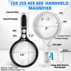 Large Magnifying Glass with Lights,10X 25X 45X 60X Handheld Lighted Magnifier, 5in Page Magnifier LED Lights, Magnifying Glass for Reading Small Prints & Low Vision Seniors with Aging Eyes
