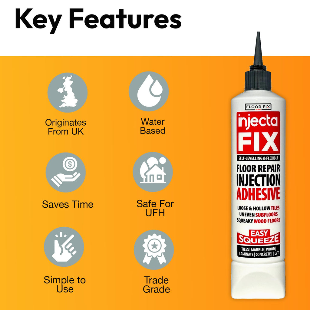Floor-Fix Pro Easy Squeeze - Extra Strength Adhesive - Fix Loose & Hollow Tiles, Squeaky Wood & Laminate - Includes Built in 5/64” Syringe Tip - No Sealant Gun Required (10.1 Fl Oz)