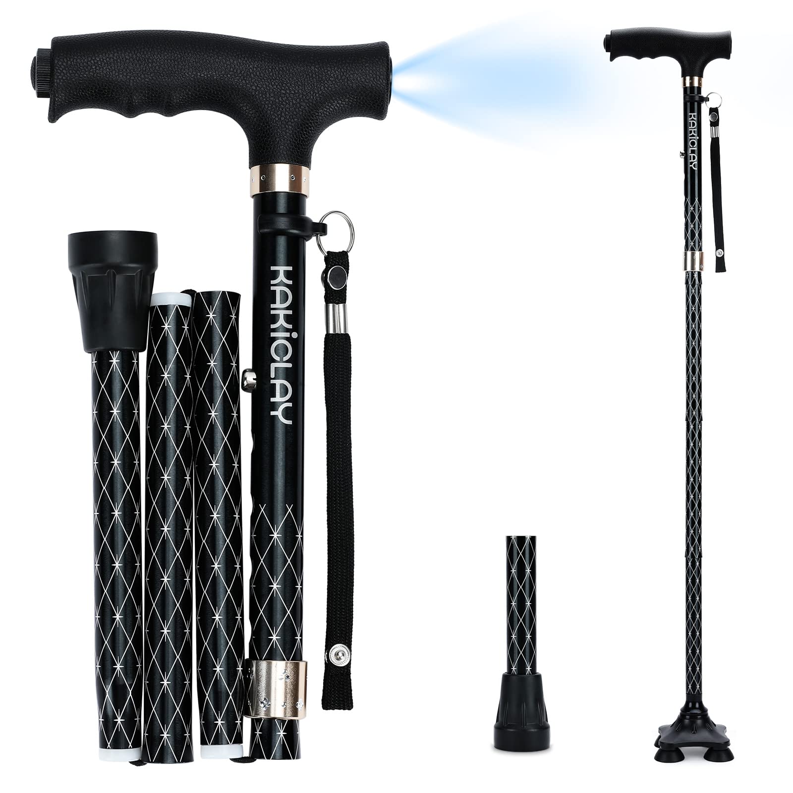 KAKICLAY Folding Walking Cane with LED Light for Women & Men - Foldable, Adjustable, Collapsible Lightweight Aluminum Walking Stick for Seniors & Adults