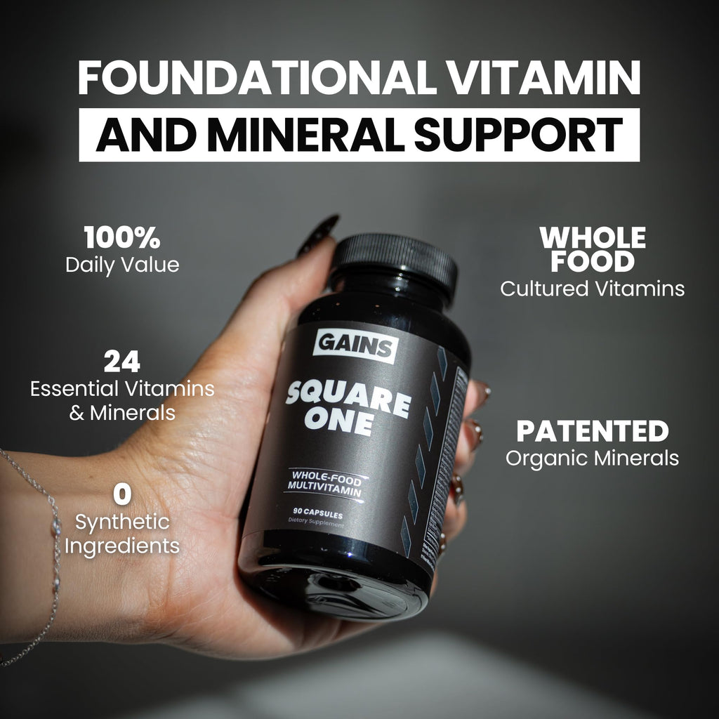 Gains in Bulk Square 1 Multivitamin and Mineral Supplement for Women and Men, Vitamins, Digestive Enzymes and Organic Minerals for Muscle Health, Performance and Immune Support, 90 Capsules