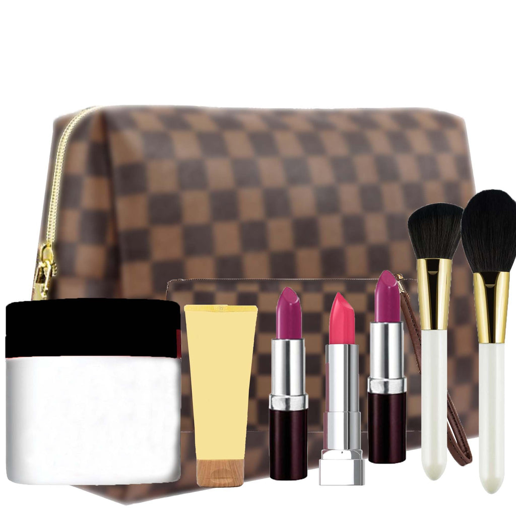 BAGCRAZY Makeup Bag, Cosmetic Bag, Portable Leather Large Checkered Makeup Bag, 2 Pack Large Capacity Travel Cosmetic Bag for Women, Lightweight Design and Waterproof Toiletries Bag Christmas Gifts