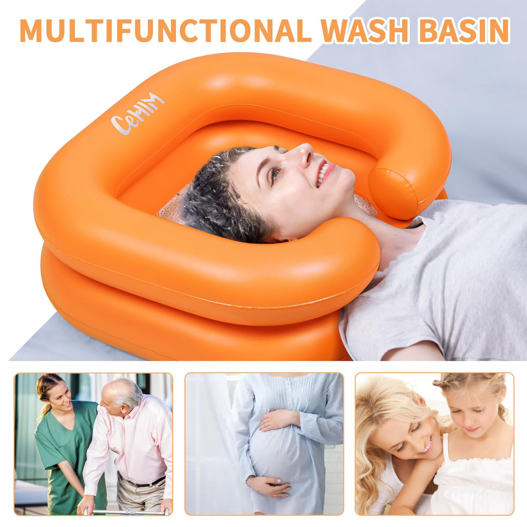 Cehim Inflatable Shampoo Basin - Portable Shampoo Bowl, Hair Washing Basin for Bedridden, Disabled,Injured, Hair Wash Tub for Dreadlocks and at Home Sink Washing (Orange, 15in Inner)