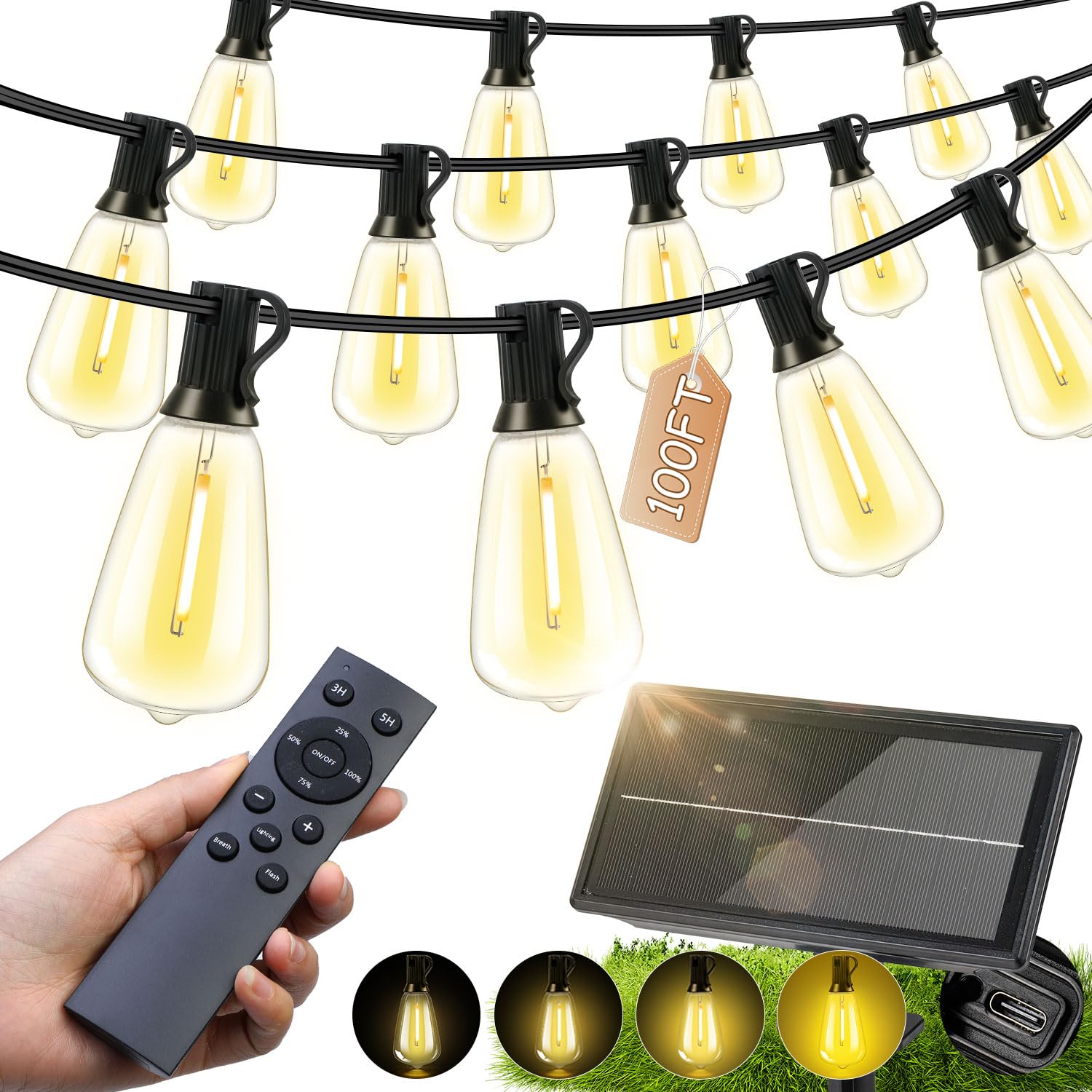 FUANXIEI Solar Lights Outdoor Waterproof: ST38 100FT 30M Shatterproof Bulbs Patio Lights - Solar Powered & USB Charging- Remote Control 3 Light Modes Dimmable Solar Light - Camping Backyard Garden