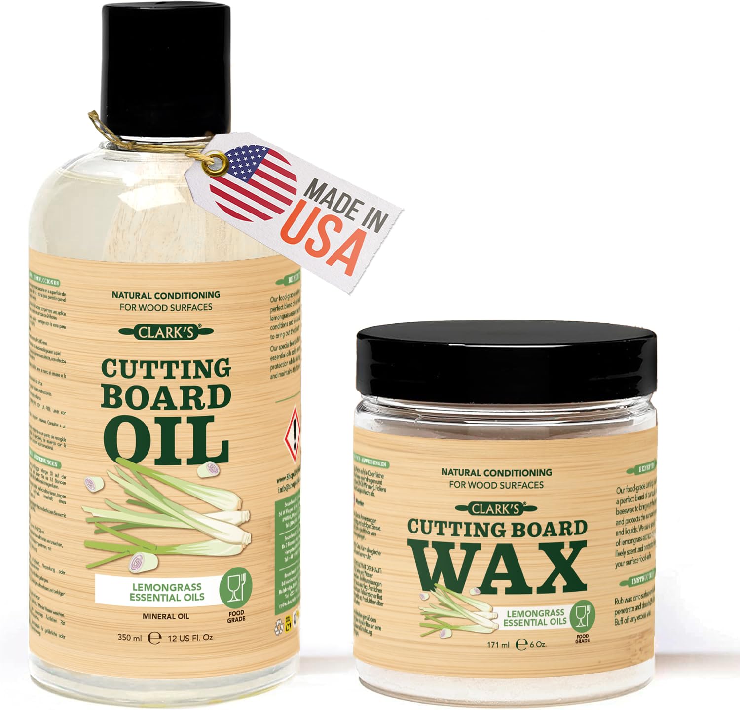 CLARK'S Food Grade Mineral Oil (12oz) and Carnauba Wax (6oz) Set - 100% Natural Butcher Block Oil and Cutting Board Wax - Food Safe Beeswax and Wood Cutting Board Oil with Lemongrass Extract