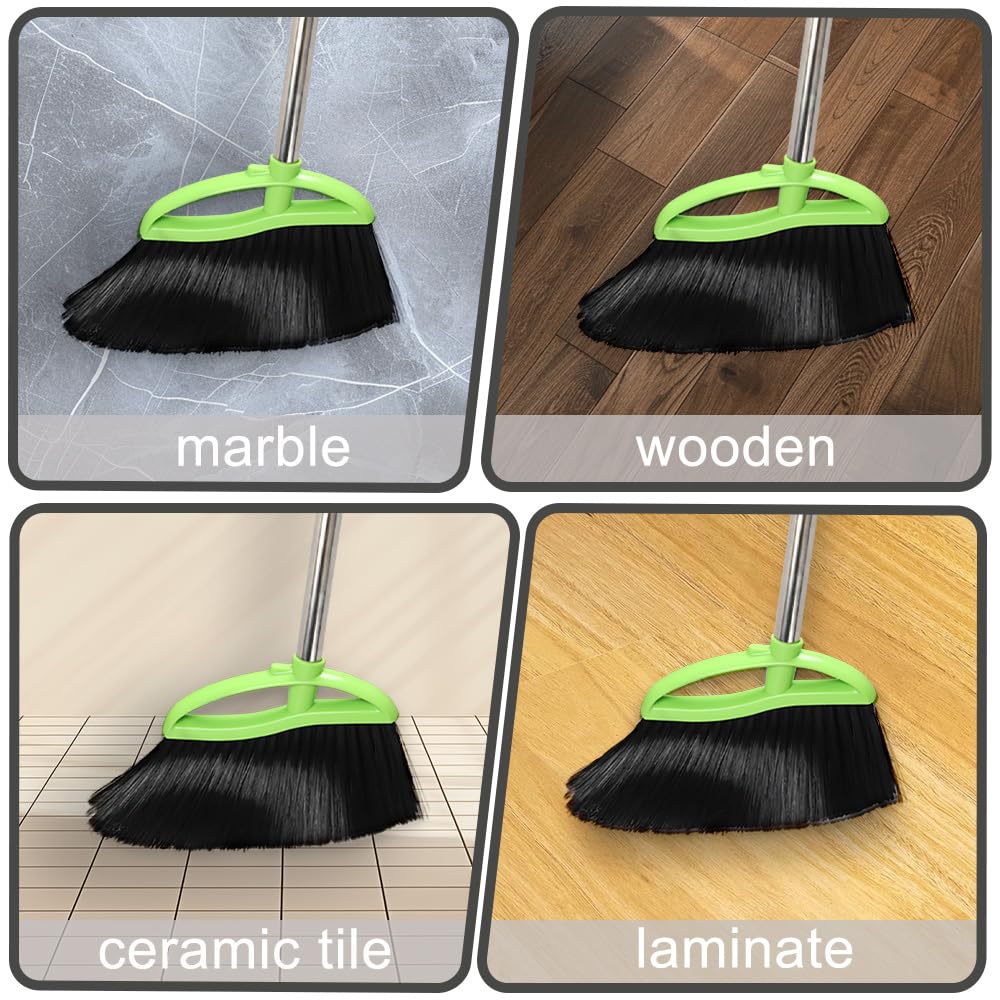 3 Packs Indoor Brooms Green Angle Broom Soft Bristles Long Handle for Hardwood Floor Sweeping
