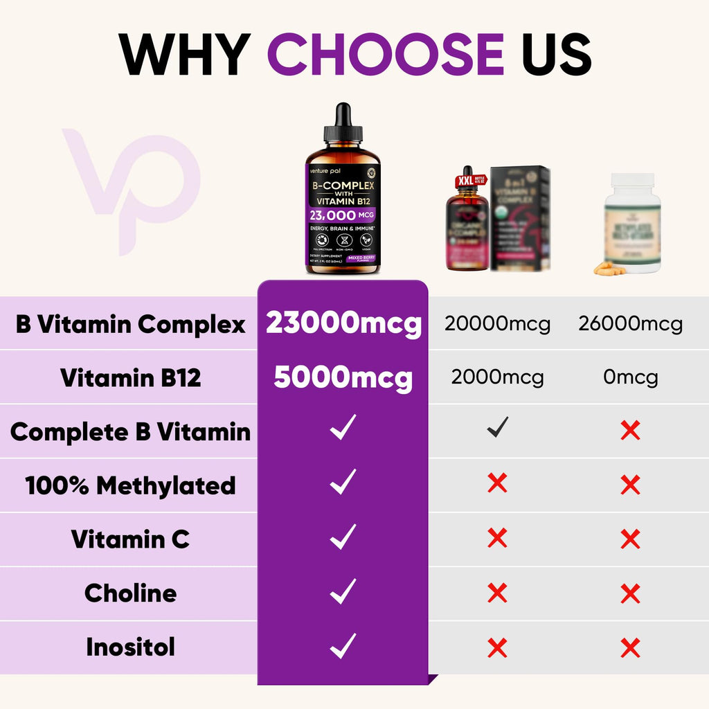 Venture Pal Vitamin B Complex Liquid Drops, B12 Methylcobalamin | B9 Folic | B1,B2,B3,B5,B6,B16 - Vitamin C, Choline, Inositol, Immune & Energy Metabolism, Brain & Heart Support