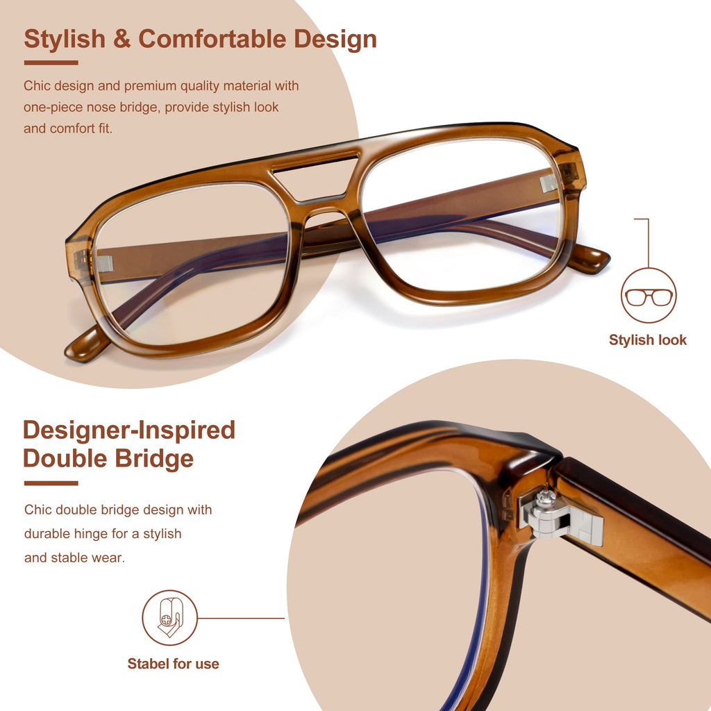 Madison Avenue Retro Aviator Blue Light Blocking Glasses for Women Men with Case, Trendy Rectangle Computer Eyeglasses Brown
