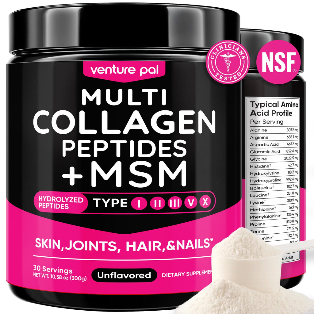 Venture Pal Multi Collagen Powder Type I, II, III, V, X – Hydrolyzed Collagen Peptides MSM, GC, Hyaluronic Acid Vitamin C | Collagen Supplement for Women | Joint, Hair, Skin & Nail Support | Non-GMO