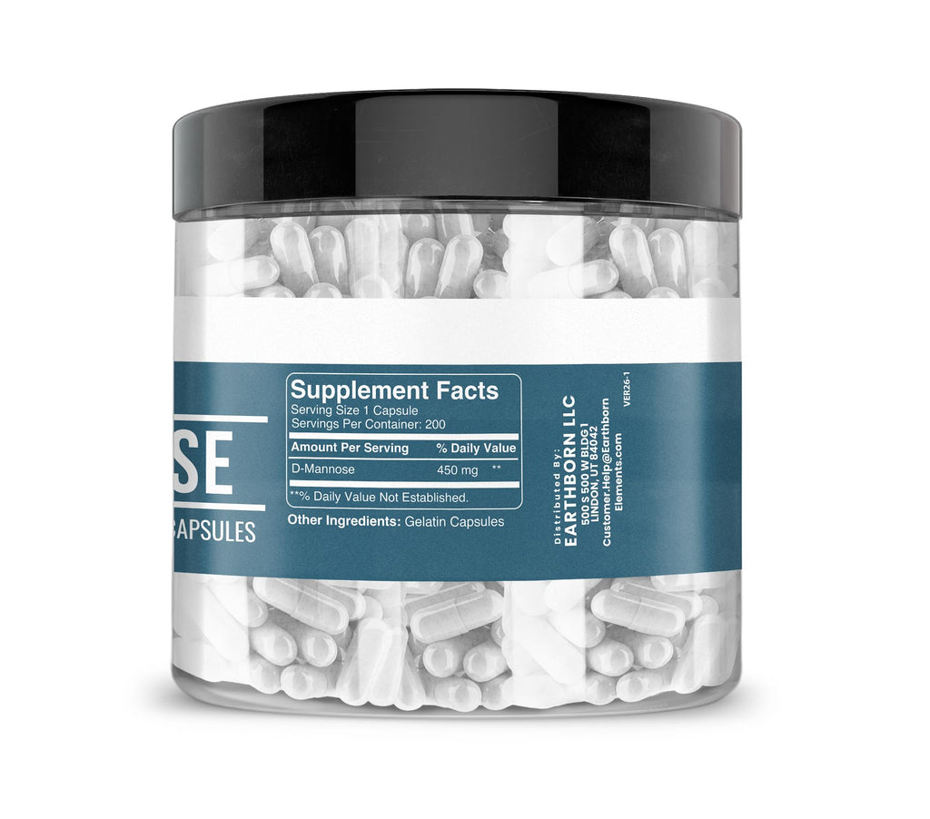 Earthborn Elements D-Mannose 200 Capsules, Pure & Undiluted, No Additives