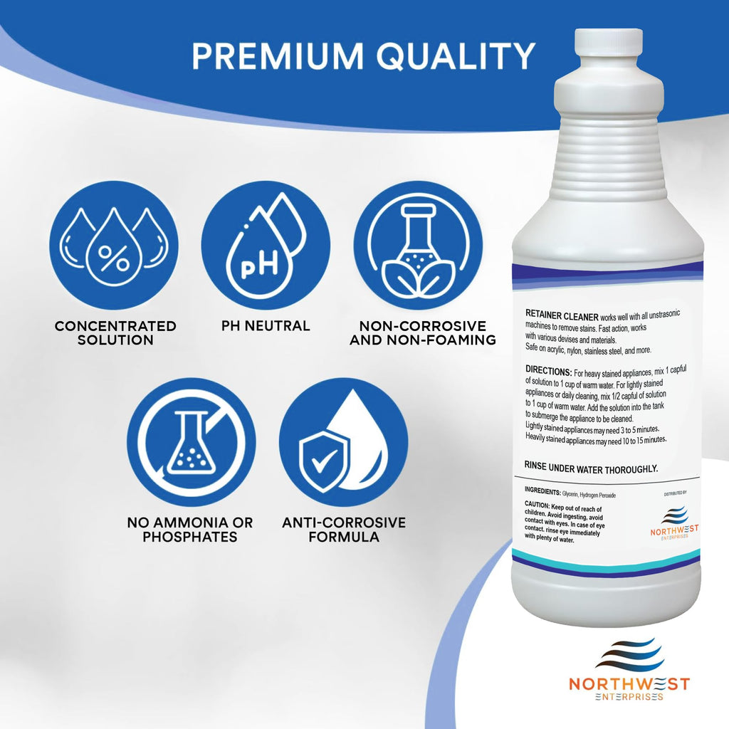 NORTHWEST ENTERPRISES Ultrasonic Retainer Cleaner Solution Concentrate - Denture Cleaner for Ultrasonic Machines - Cleans Mouthguards, Invisalign and Nightguards - Odor, Stain & Discoloration Remover