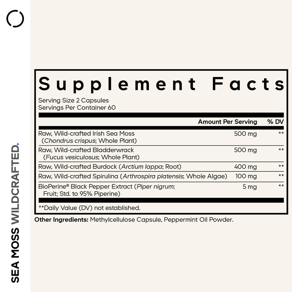 Codeage Raw Wildcrafted Irish Sea Moss Supplement, Spirulina Algae, Bladderwrack Seaweed, Burdock Root, Black Pepper, Vegan, Non-GMO, 120 Capsules