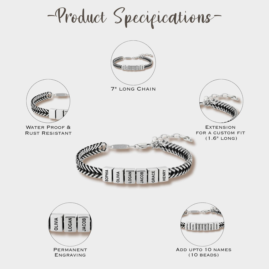 Personalized Silver Stainless Bracelet, 1-10 Bead, Custom Engraved Gift