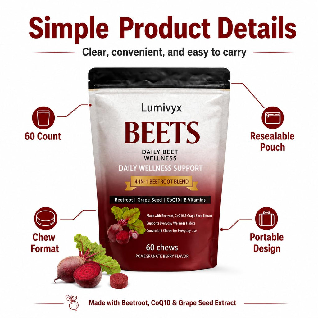 Lumivyx Beet Chews，Beetroot Blend with Beetroot, CoQ10 & Grape Seed Extract, Pomegranate Berry Flavor, 60 Count