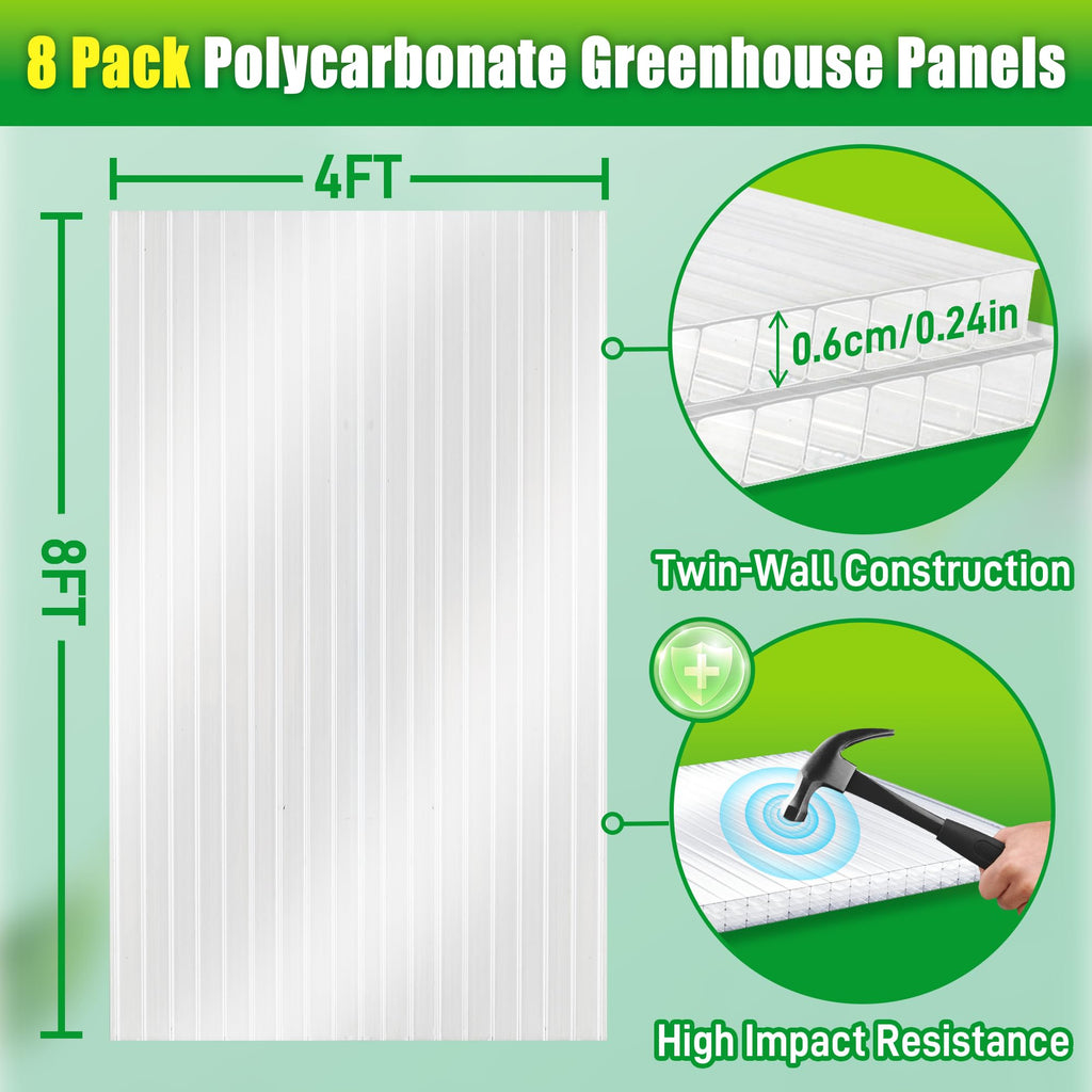 Sinimaka 8 Pack Polycarbonate Greenhouse Panels, 8' x 4' x 0.24'' Twin-Wall Polycarbonate Sheets, All Weather Clear Roof Panels Greenhouse Replacement Panels