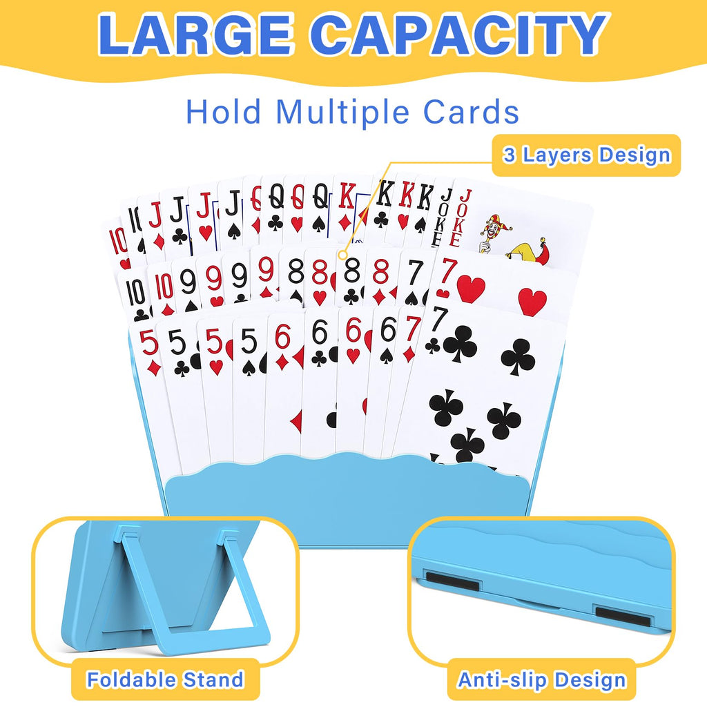 RESOVO Playing Cards Holders Stands Decks w/Foldable Tabletop Stand, 3 Layers Design for Poker UNO Cards, Playing Card Accessories, Set of 4 (2 Blue + 2 Yellow)