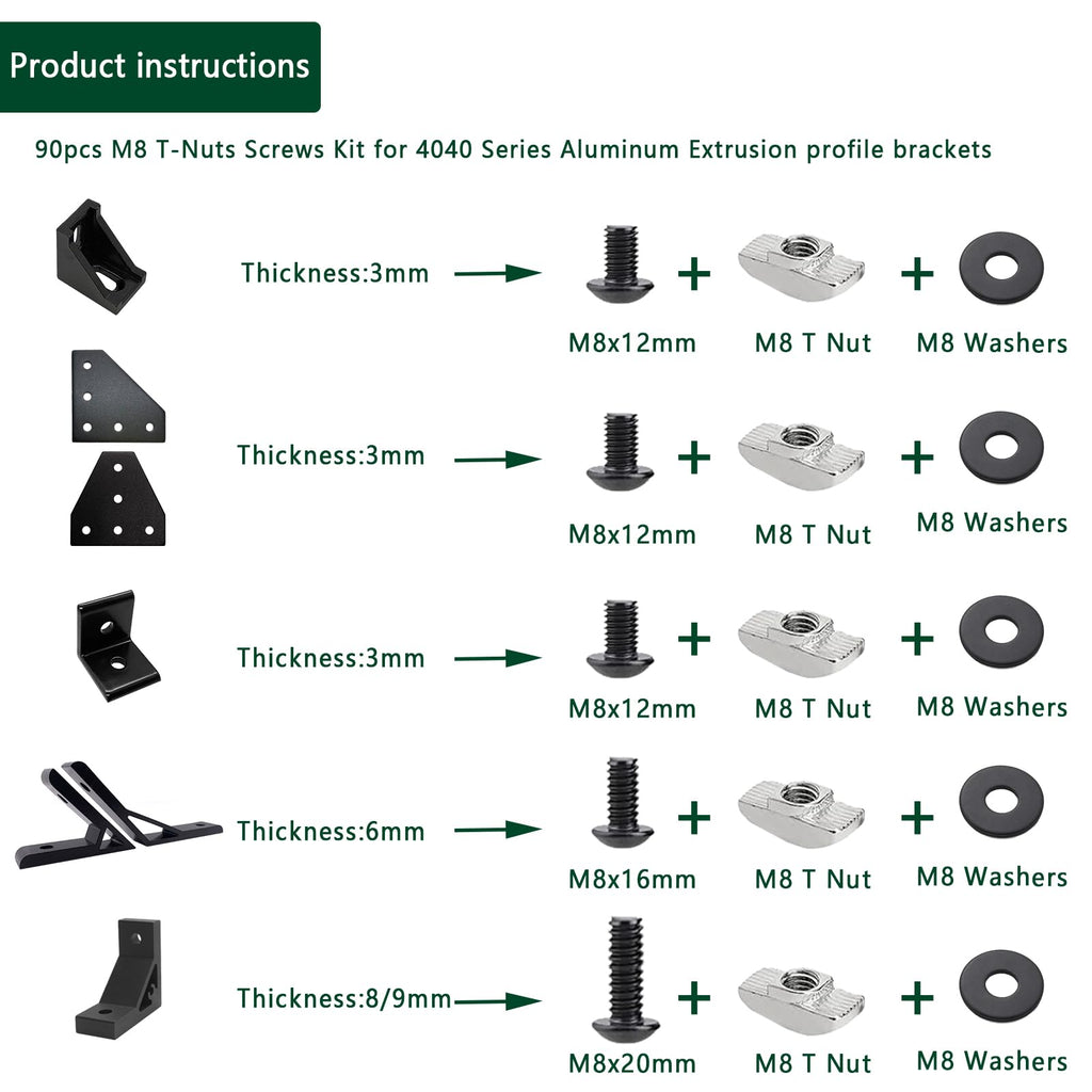 80 pcs M8 T Nut Screws Kit for 4040 4080 Aluminum Extrusion, 26 pcs Black M8x12/16/20mm Hexagon Socket Carbon Steel Screws and 26 pcs M8 Drop in T-Nuts, 28 Washers with Hex Wrench