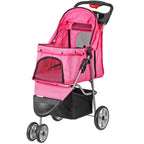 Foldable Pet Stroller for Cats and Dogs 3 Wheels Carrier Strolling Cart with Weather Cover, Storage Basket + Cup Holder (Pink)