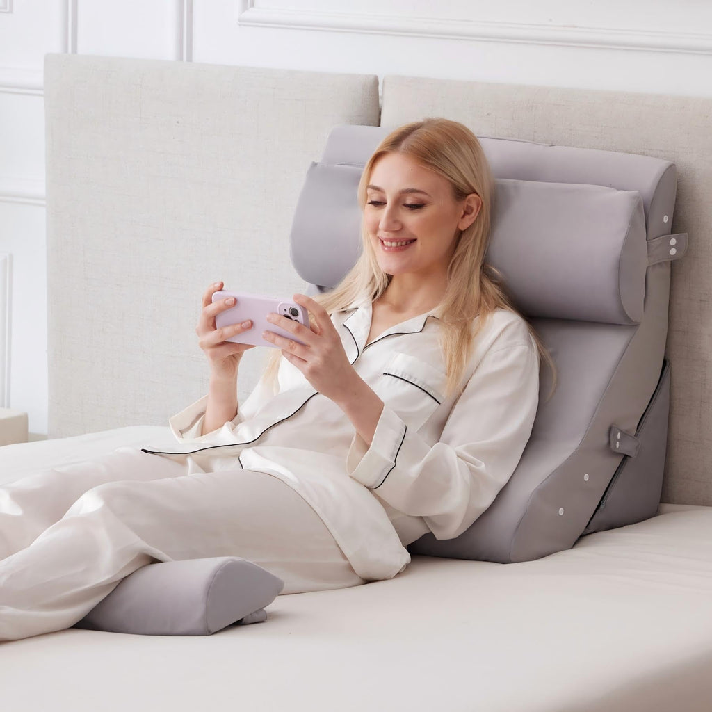 Ruqmuis 4PCS Wedge Pillow Set for After Surgery, Adjustable Back Pillow for Bed Sitting up, Acid Reflux, Bed Wedge Pillow Headboard for Sleeping&Snoring, Orthopedic Pillow for Post Surgery, Plush Grey