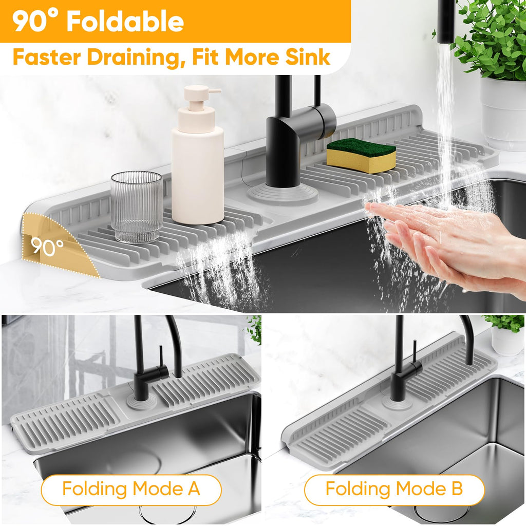 24'' Folding Faucet Mat for Kitchen Sink Splash Guard[7° Slope Fast Self-draining][Snap Lock Fit] Kitchen Sink Faucet Mat Splash Guard Kitchen Sink Area Water Splash Guard Behind Faucet Draining Mat