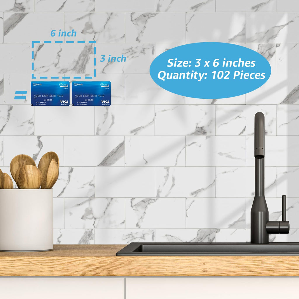 Art3d 102-Piece Faux Stone Peel and Stick Backsplash Tile, Waterproof Thick PVC Stick On Subway Wall Tile for Kitchen Bathroom Laundry Room Fireplace - 3" x 6" Gray Marble